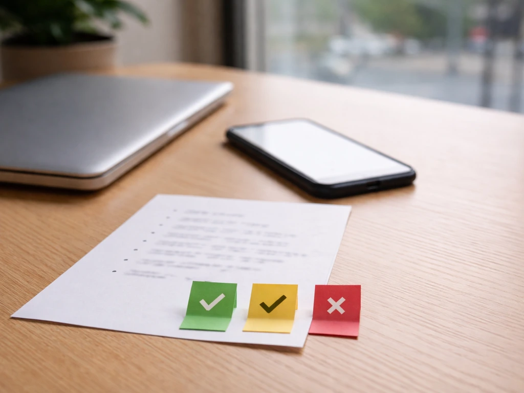 Minimal desk scene with a checklist concept using colored check markers and blurred papers, suggesting verification.