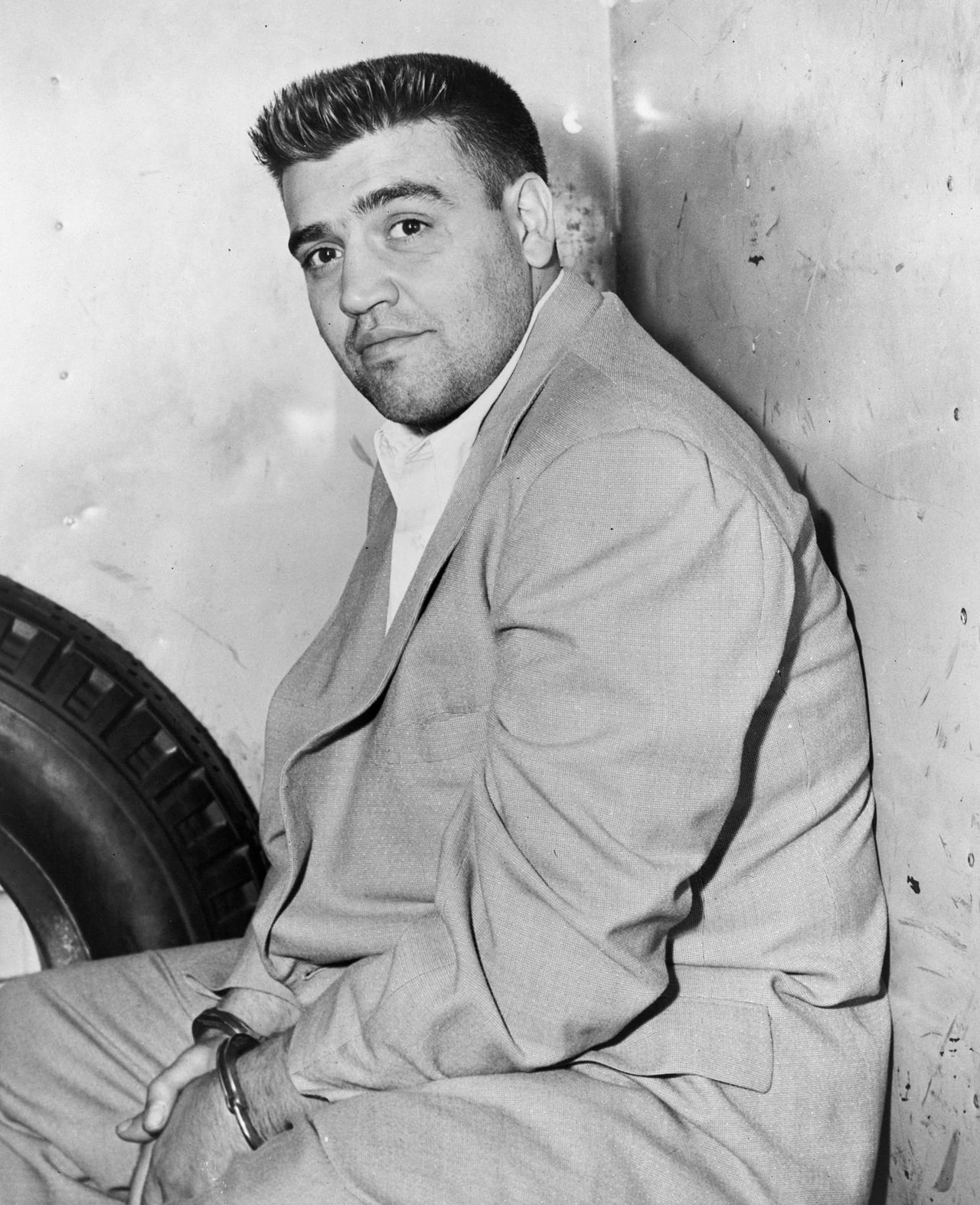 Vincent Gigante, mob boss, in a documentary-style black-and-white portrait.