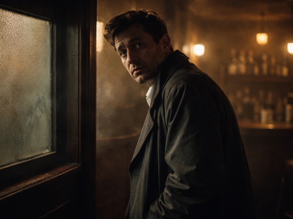 Shadowy vintage speakeasy interior with a lone man in a rumpled coat pausing as if to disguise himself.