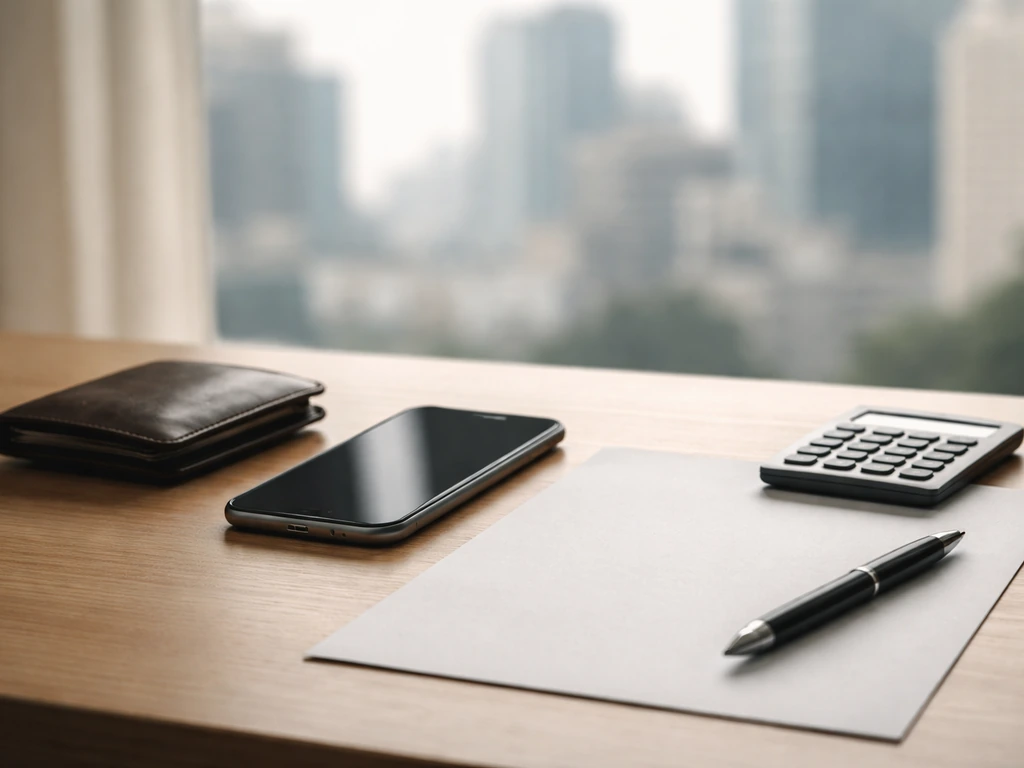 Finance desk scene with wallet and calculator beside a phone, blurred city view, no text.