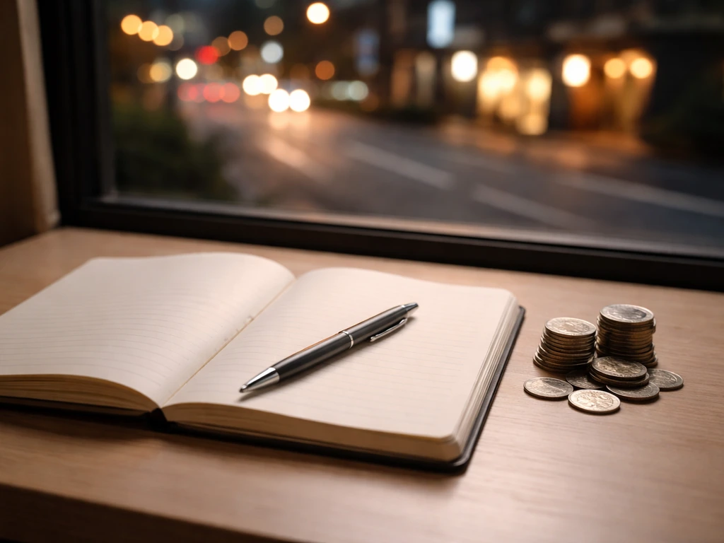 Minimal photo of an open notebook with a pen beside a stack of coins and blurred city street background.