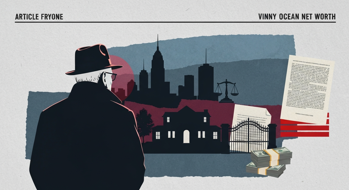 Illustrated investigative cover: silhouetted man, gated mansion, stacks of money and legal documents, courthouse scales, redacted text — noir editorial style.