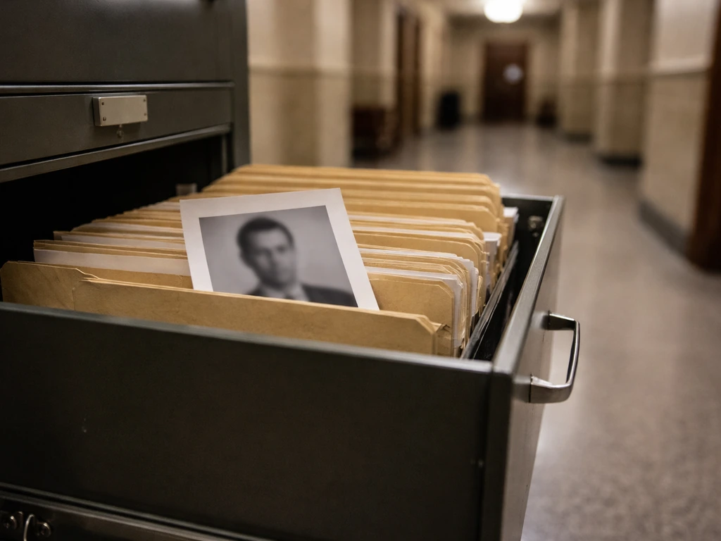 Blurred mugshot-style archive photo in an open filing drawer beside a courthouse hallway.