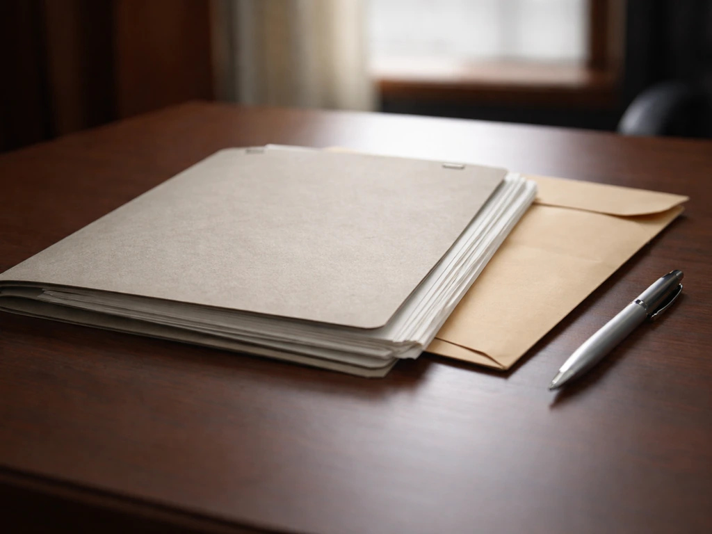 Close-up of a sealed-looking court forfeiture document folder on a desk with an empty pen and cash envelope
