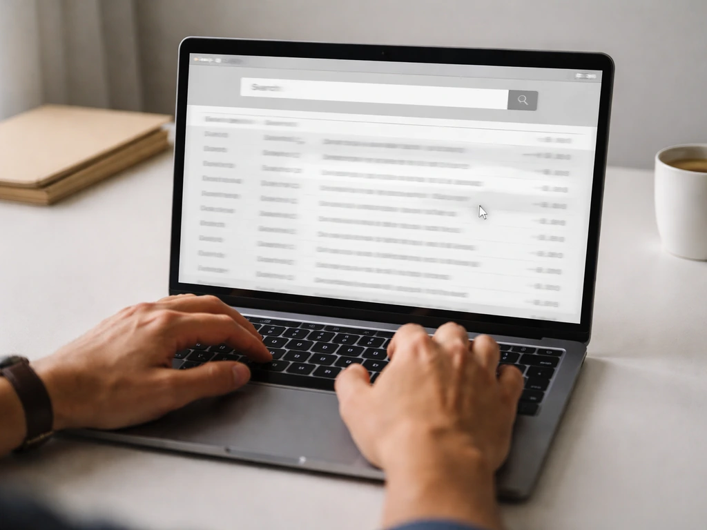 Close-up of a laptop showing a generic court-record search results layout with blurred text, symbolizing primary-source