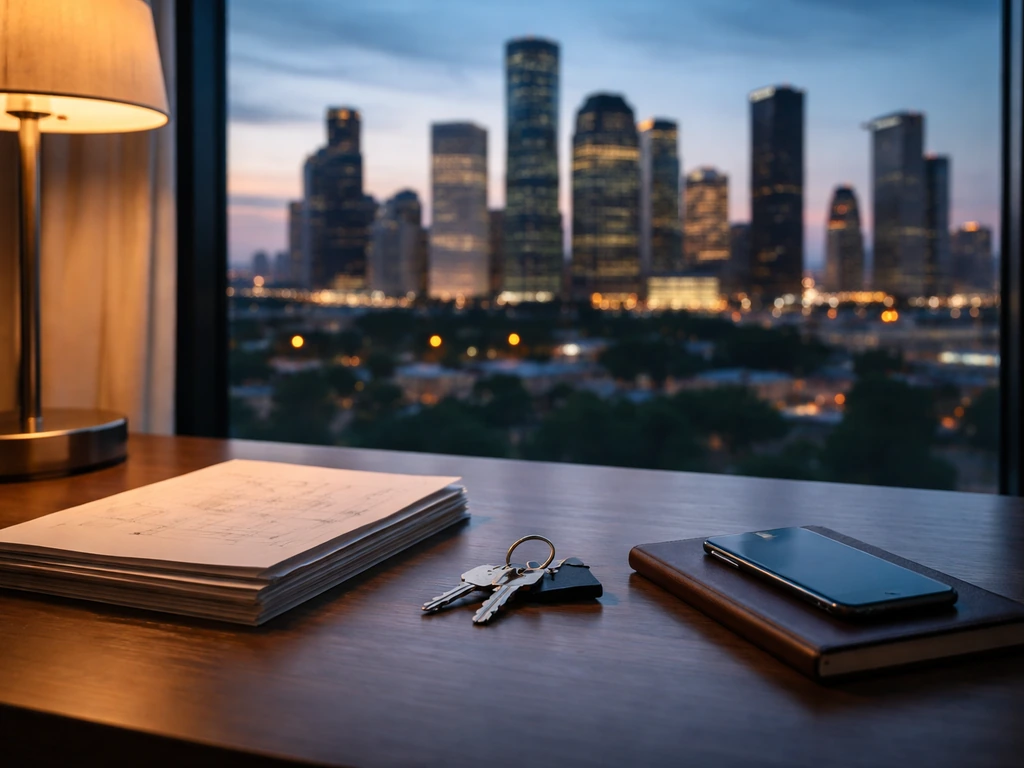 Houston-area real estate developer desk scene with keys and glossy city lights at dusk, symbolizing verified net worth r