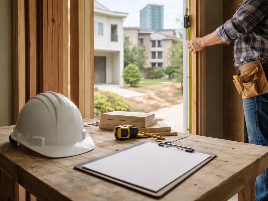 Houston real-estate builder scene: empty modern house entryway with a clipboard and hardhat on a workbench