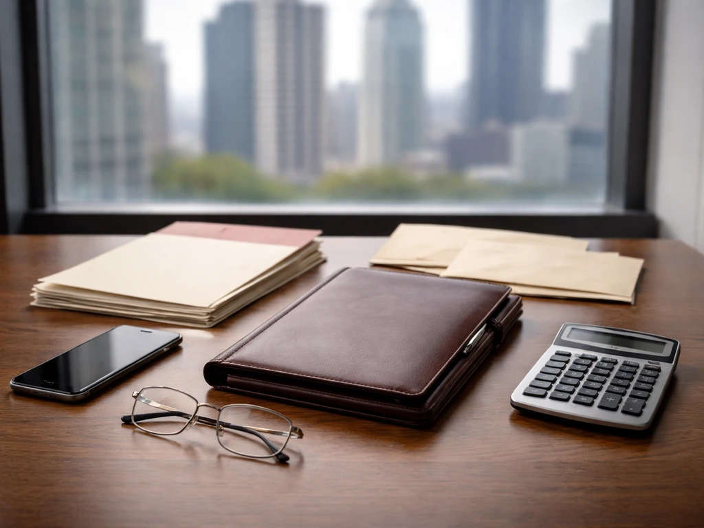 Minimal desk with documents, smartphone, glasses, and a blurred city skyline symbolizing wealth estimate research.