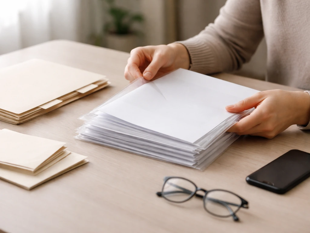 Person at a desk reviews documents and a checklist-like folder for verifying financial sources