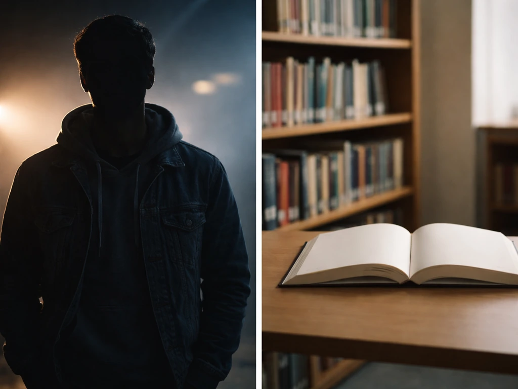 Minimal split scene: a fictional movie-style character silhouette versus a neutral reference cue.
