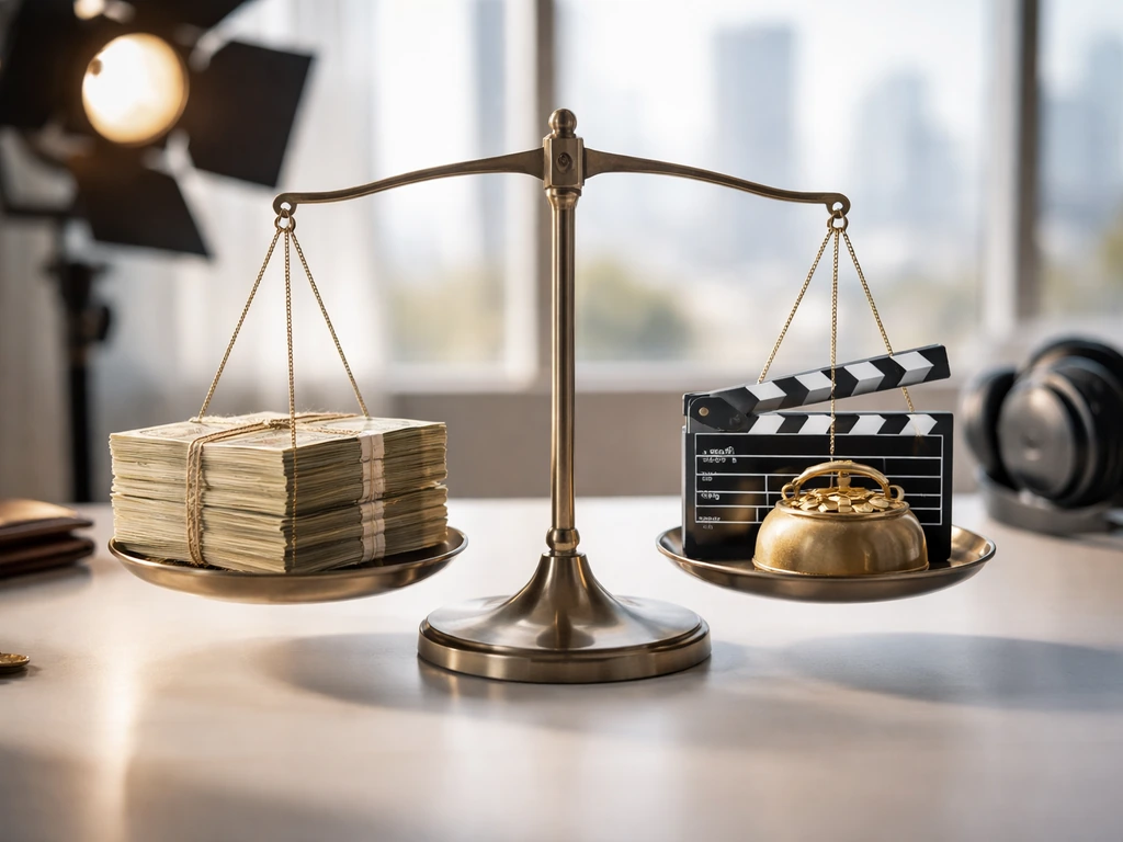 Minimal desk scene with a balance scale, wealth props, and film/media cues in soft natural light