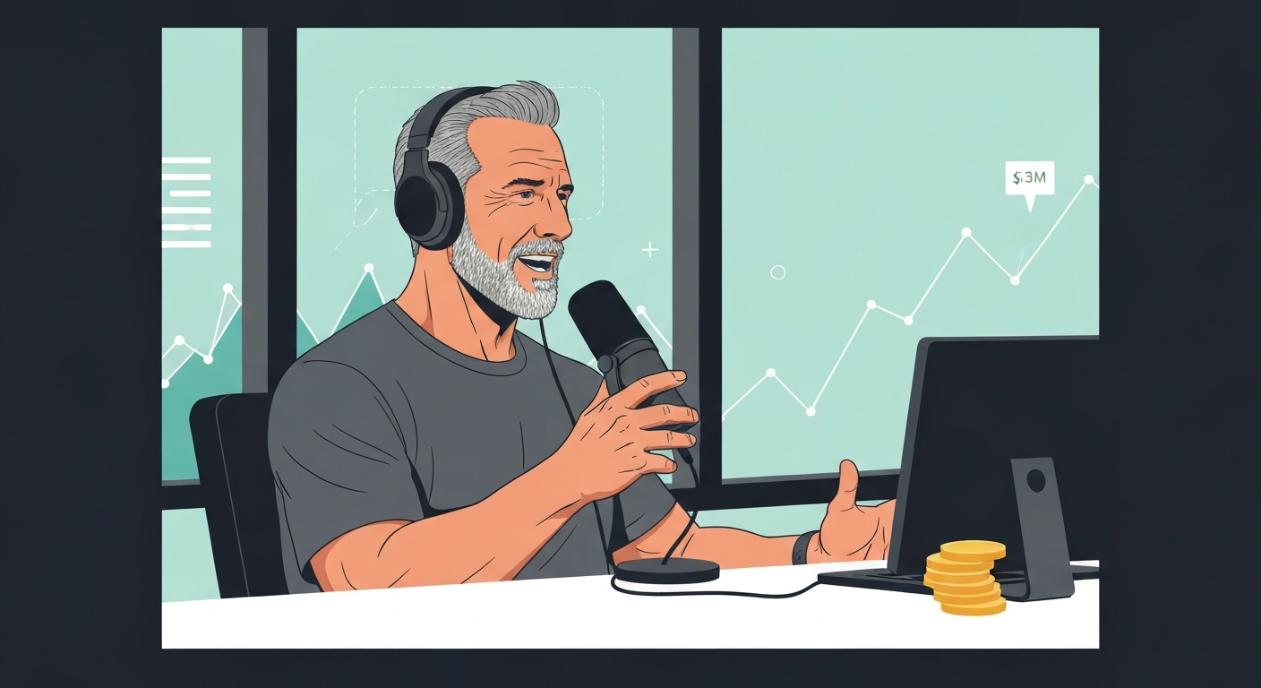 Editorial illustration of a fitness podcaster in a studio with subtle financial charts and a $1M–$3M label.