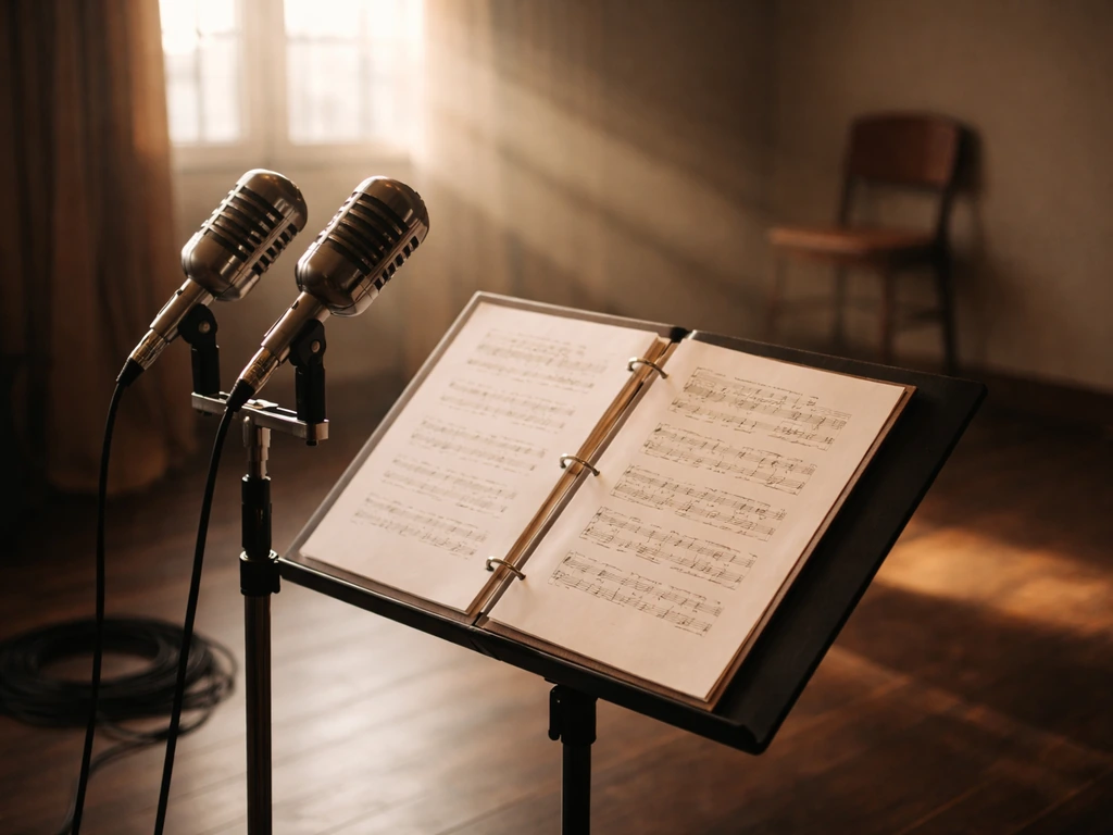 Gospel music recording studio scene with microphones and open sheet music, warm light, no identifiable people