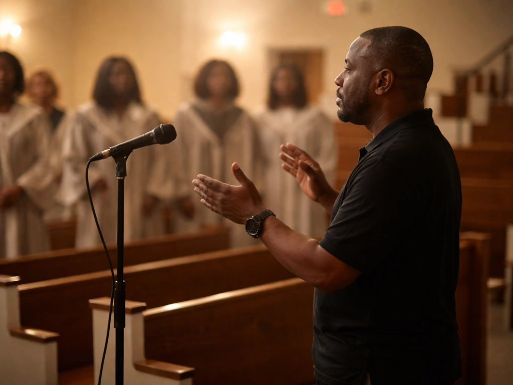Anonymous gospel choir rehearsal in a simple church setting with a leader conducting