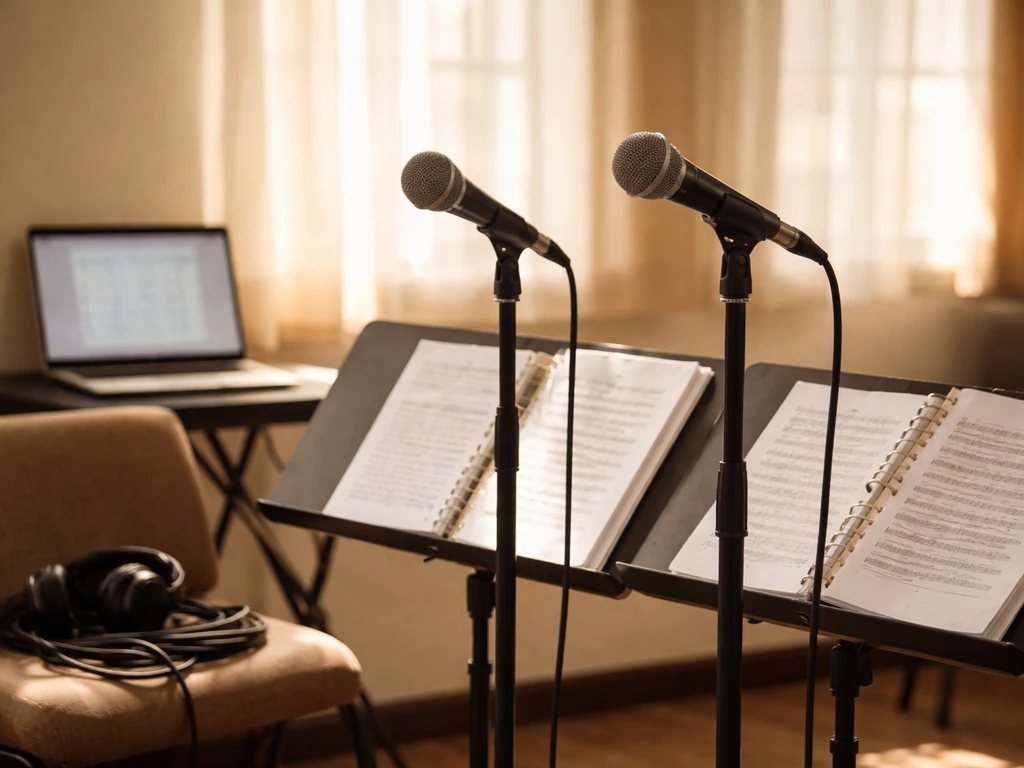 Gospel choir rehearsal setup with microphones and a laptop showing a performance schedule feel