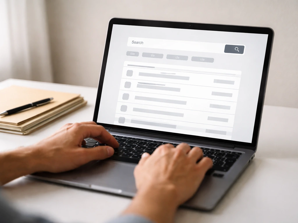 Anonymous hands using a laptop to search nonprofit Form 990 filings on a generic interface