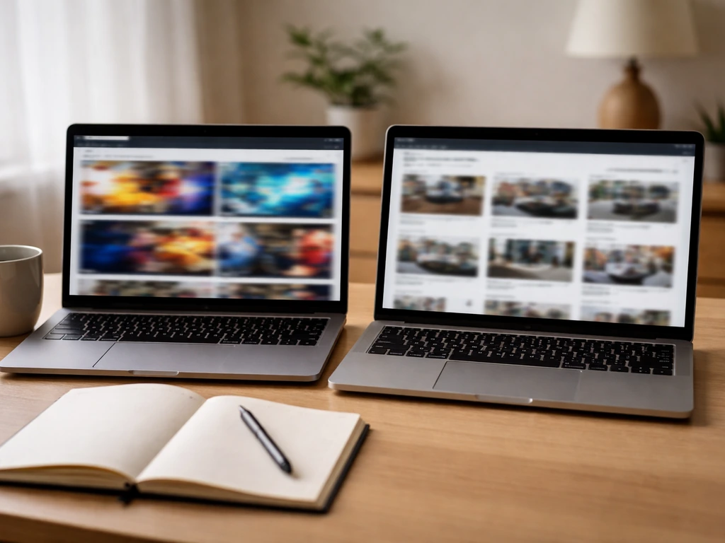 Minimal desk scene with two side-by-side laptops showing blurred, contrasting search results.