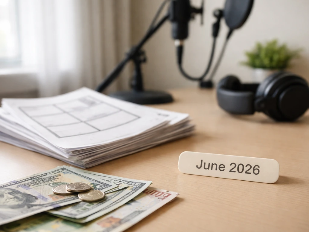 Minimal desk scene with storyboard pages, studio audio gear, and currency, suggesting a June 2026 net worth estimate ran