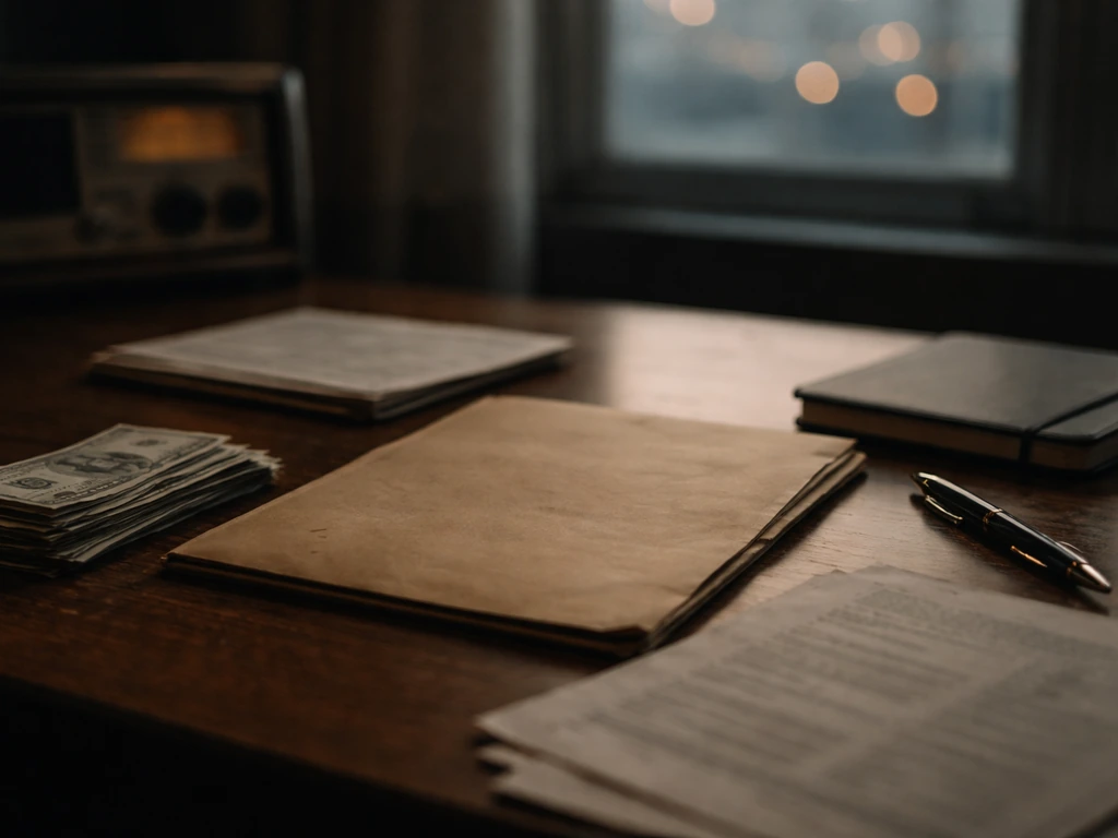 Close-up of cash, old documents, and a pen on a desk suggesting net-worth estimation research
