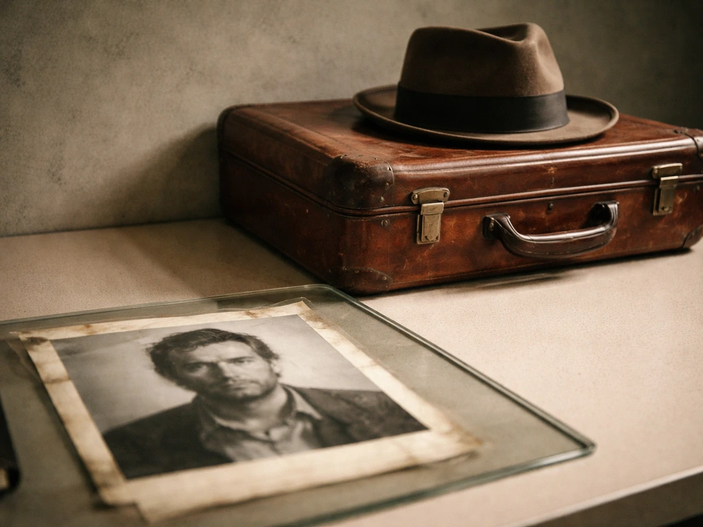 1970s mugshot-style photo backdrop with a vintage suitcase and a single fedora on a plain table