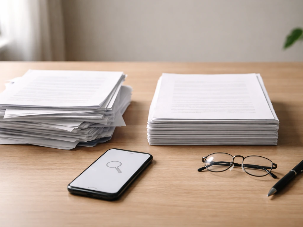 Minimal desk scene with scattered papers and a glowing phone showing a vague search icon, no text.