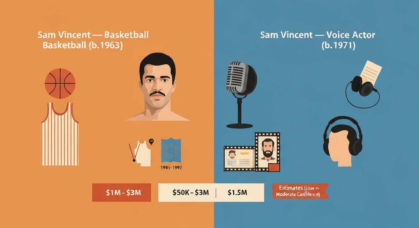 Split editorial illustration showing two stylized portraits labeled 'Sam Vincent — Basketball (b.1963)' and 'Sam Vincent — Voice Actor (b.1971)' with icons for basketball and voice acting and net worth ranges $1M–$3M and $500K–$1.5M.