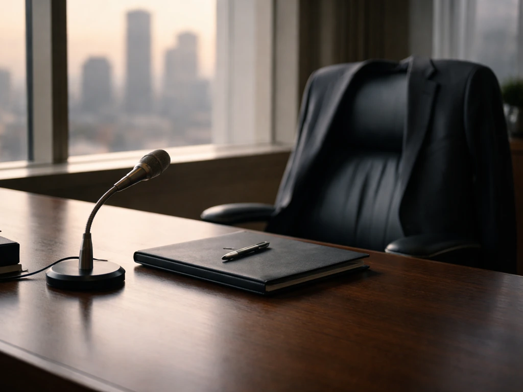 Empty executive office desk with microphone and leather portfolio, city skyline softly blurred through window.