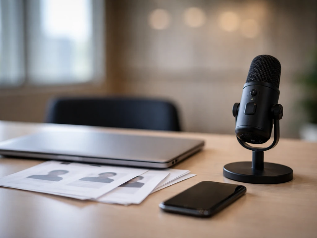 Minimal business desk scene with a generic corporate backdrop symbolizing identity verification