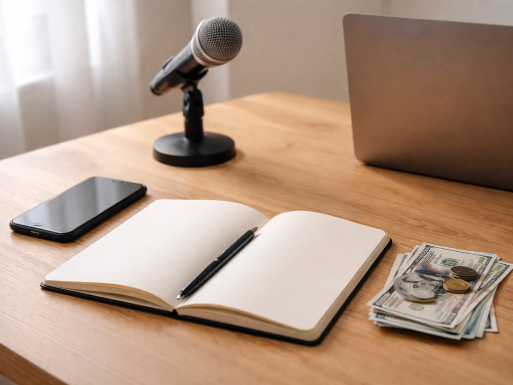 Simple desk scene with scattered currency and an unlabeled notepad, suggesting conflicting net worth estimates