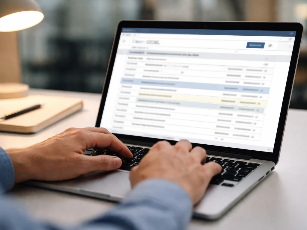 Person in a quiet office viewing a laptop with a SEC-style public filings search page concept