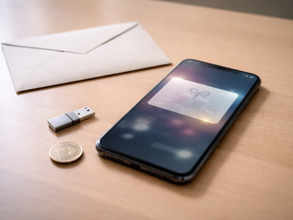 Close-up of a smartphone showing an unbranded digital gift card-style screen beside a sealed envelope.