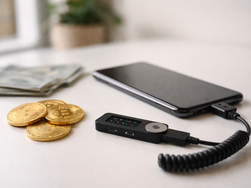 Close-up of a hardware crypto wallet and coins on a desk, symbolizing direct crypto holdings.