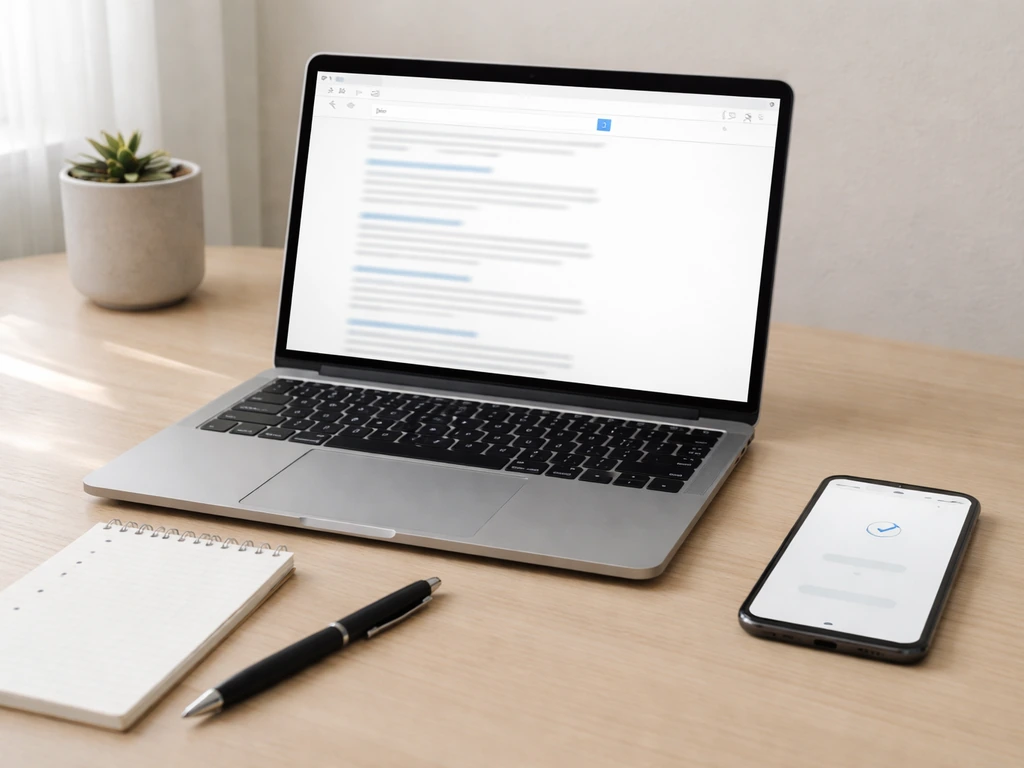 Minimal desk photo with laptop showing a generic search results layout and phone for verifying an estimate.
