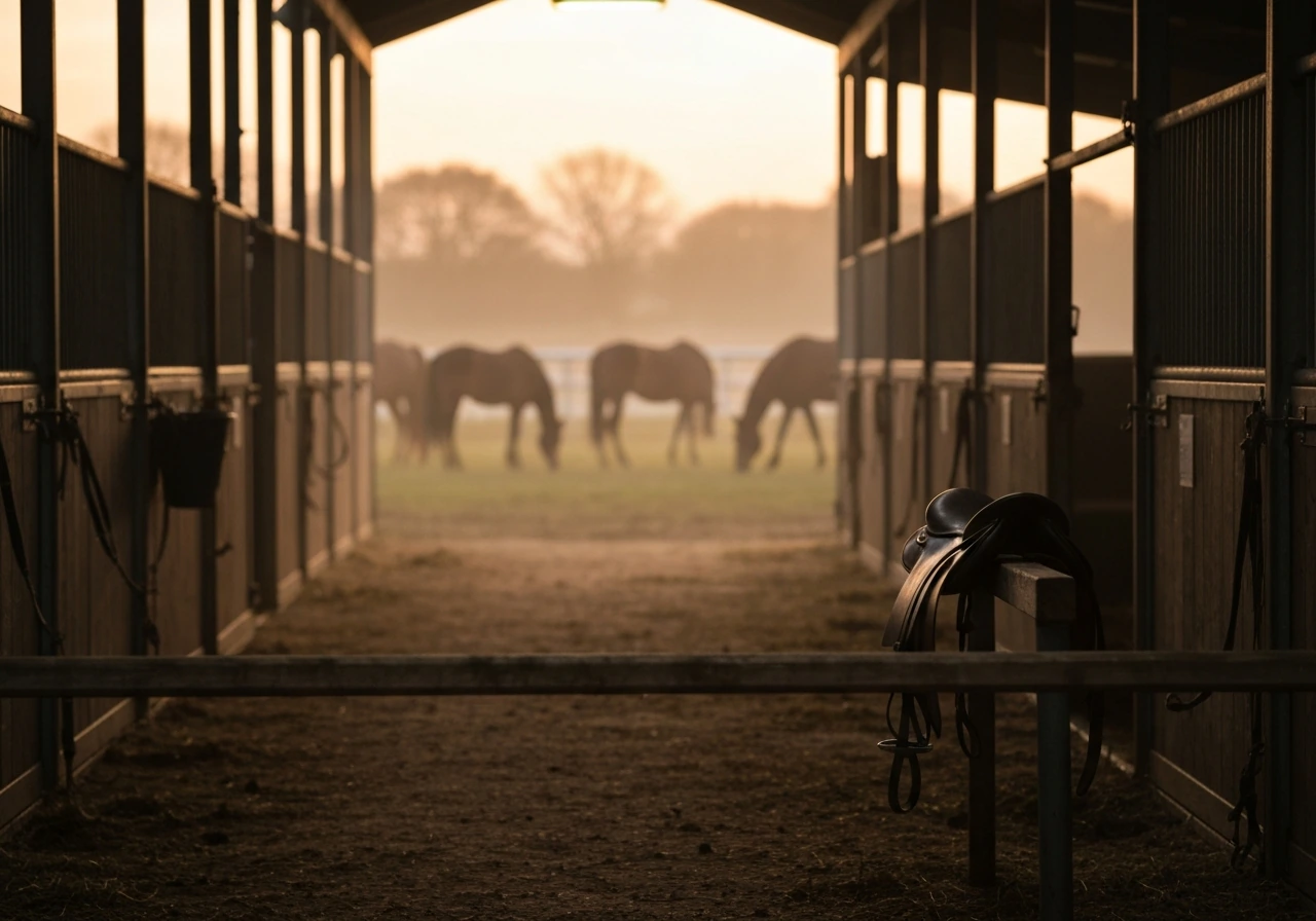 Empty horse training yard at dusk with soft sunlight, symbolic of a thoroughbred trainer’s world
