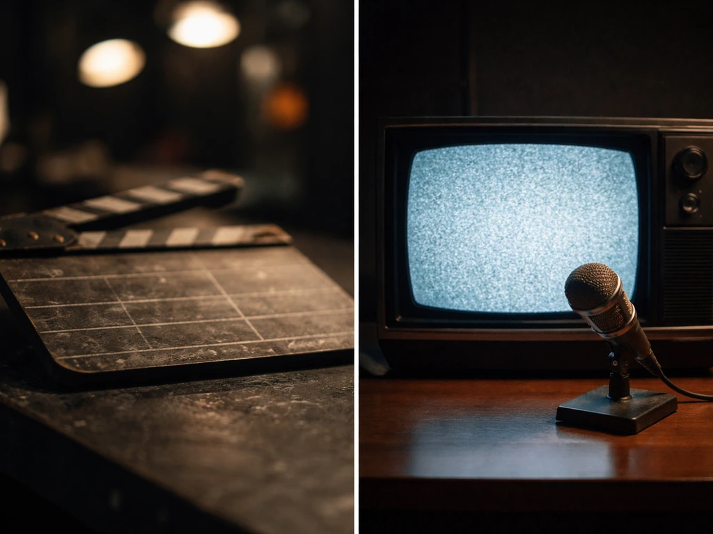Minimal split-screen of two anonymous film/TV trivia reference scenes with classic noir vibes