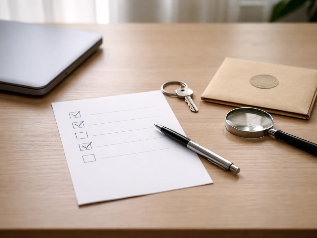 Minimal desk scene with open notebook, pen, magnifying glass, and blank checklist boxes with checkmarks.