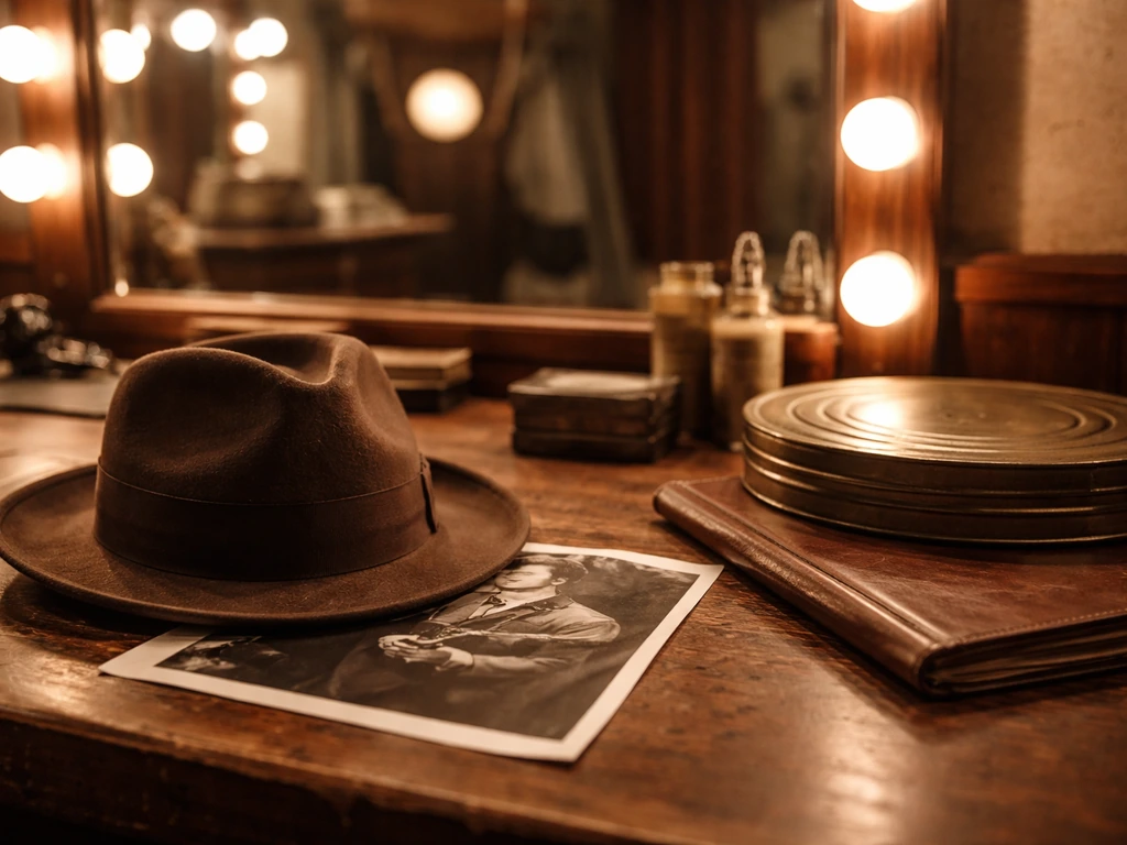 Vintage Hollywood dressing-room scene with hat and film reels symbolizing classic character-actor legacy.