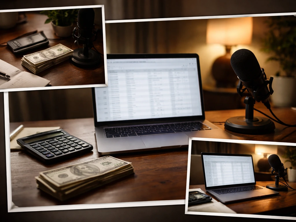 Minimal photo of an anonymous media desk with scattered cash and a closed laptop showing financial research vibes