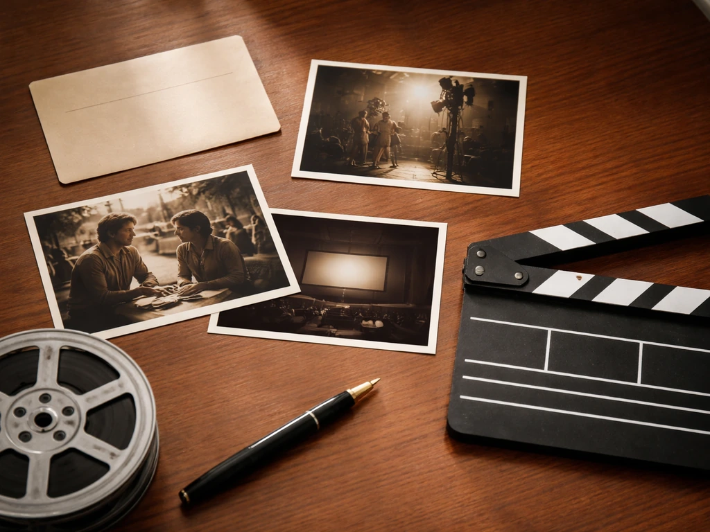 Minimal desk scene with vintage film stills, clapperboard, and film reel suggesting movie residuals.