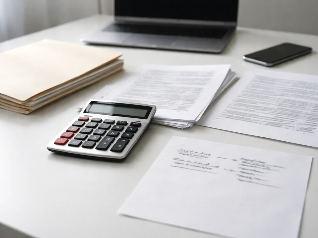 Minimal desk scene with documents, calculator, and financial evidence items suggesting net worth estimation.