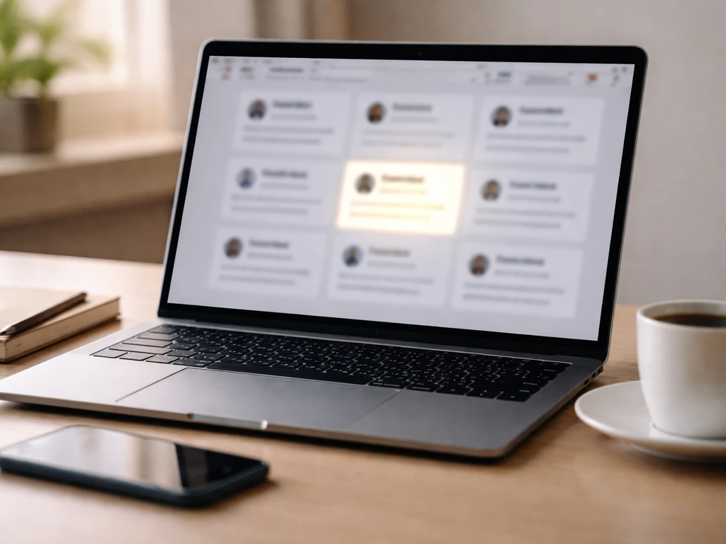 Close-up of a laptop showing blurred profile cards and a highlighted clue area on a webpage