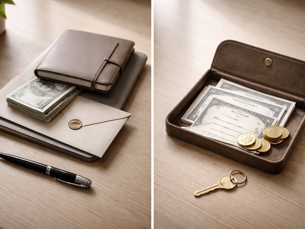 Minimal split scene: salary/incentive items on one side, RSU-like shares and gold coins on the other.