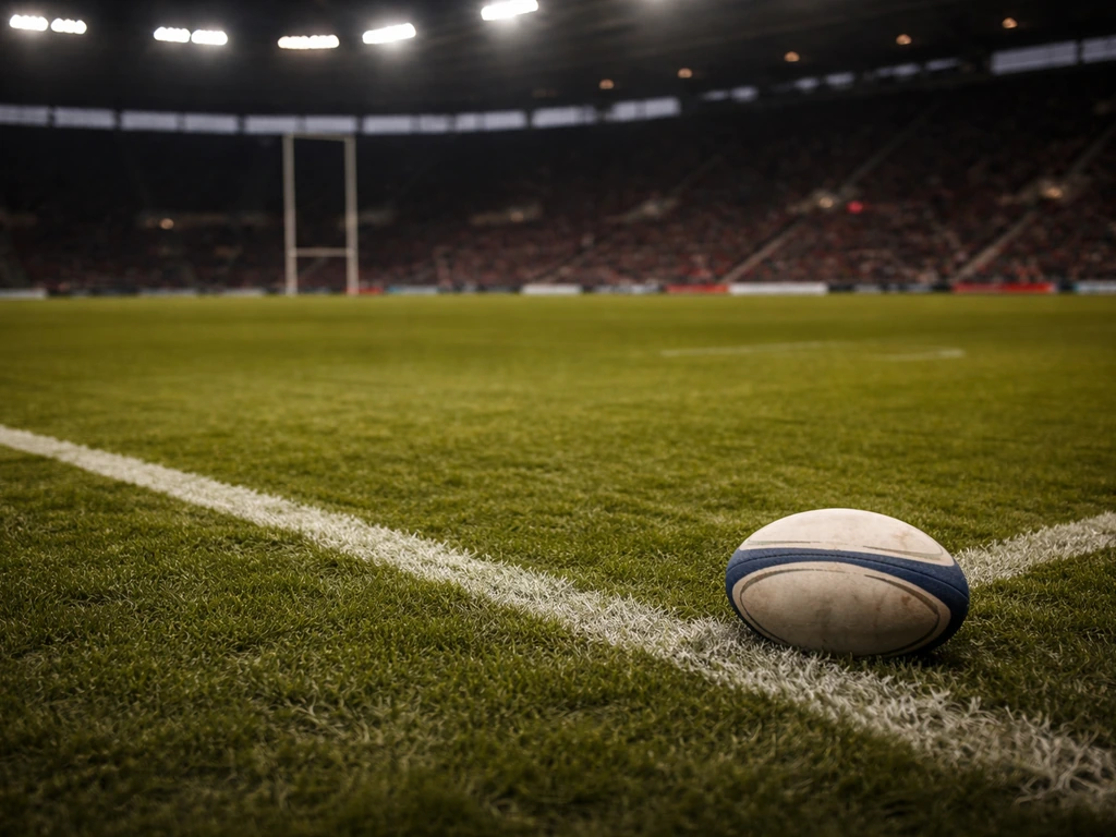 Rugby stadium sideline with a rugby ball near the touchline, evoking Stade Toulousain without showing a person.