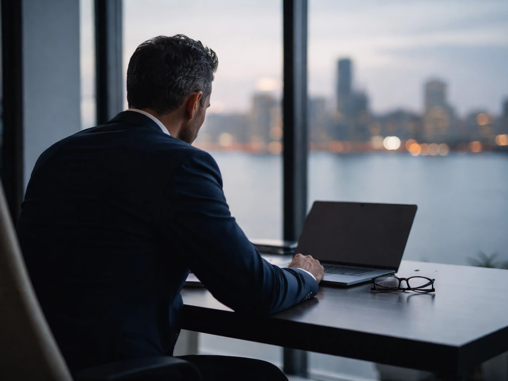 Anonymous executive in a modern corporate office with a laptop and blurred city skyline at dusk.