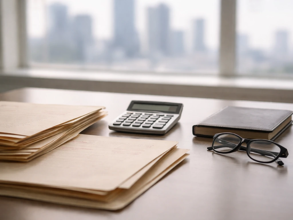 Open legal-style folders and a calculator on a desk, suggesting public-record net worth research.