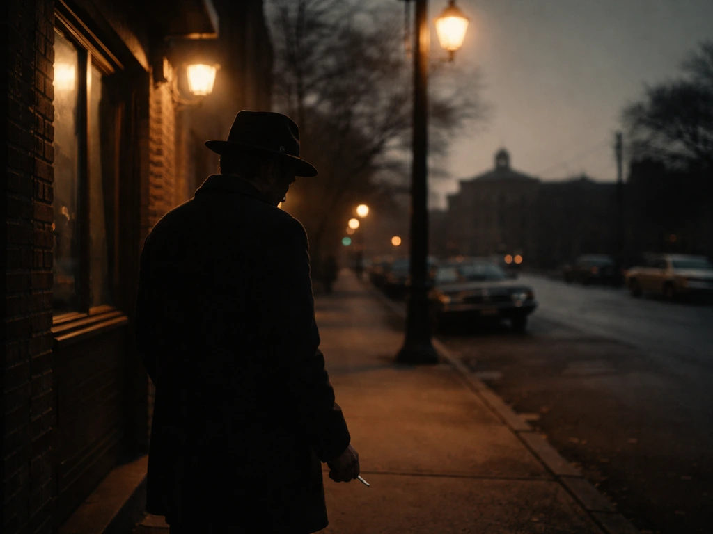 1970s man in overcoat and fedora standing in a dim New Jersey street near parked cars and an old streetlight