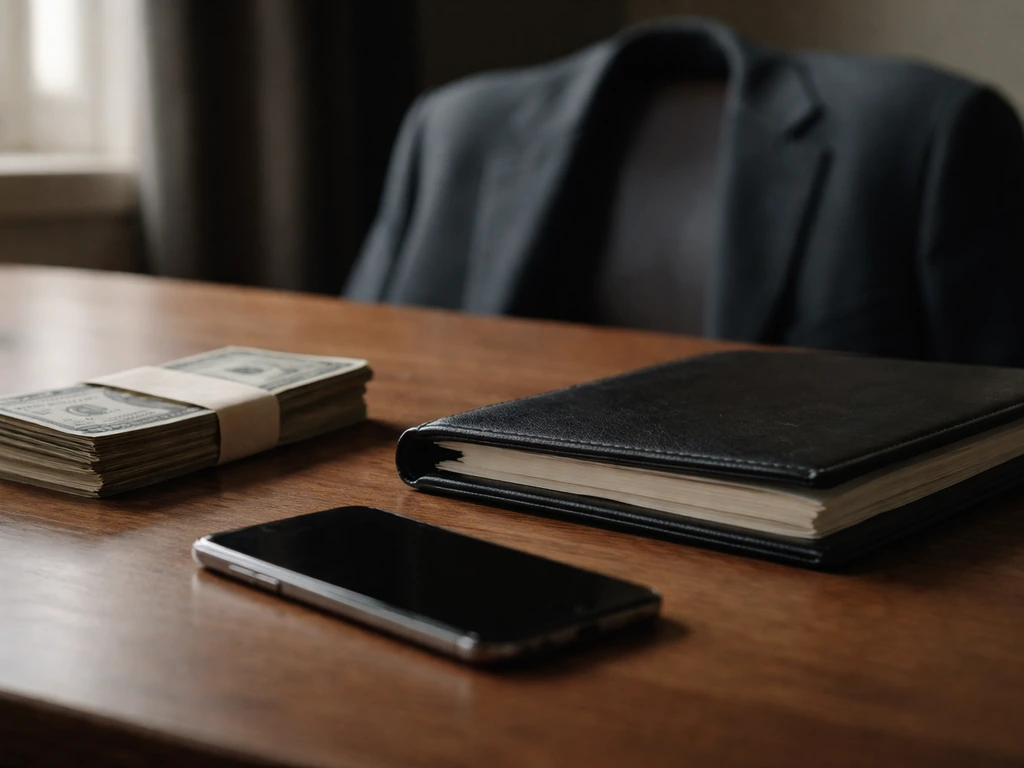 Minimal desk scene with anonymous financial clues: cash, ledger pages, and a phone beside a dark suit jacket