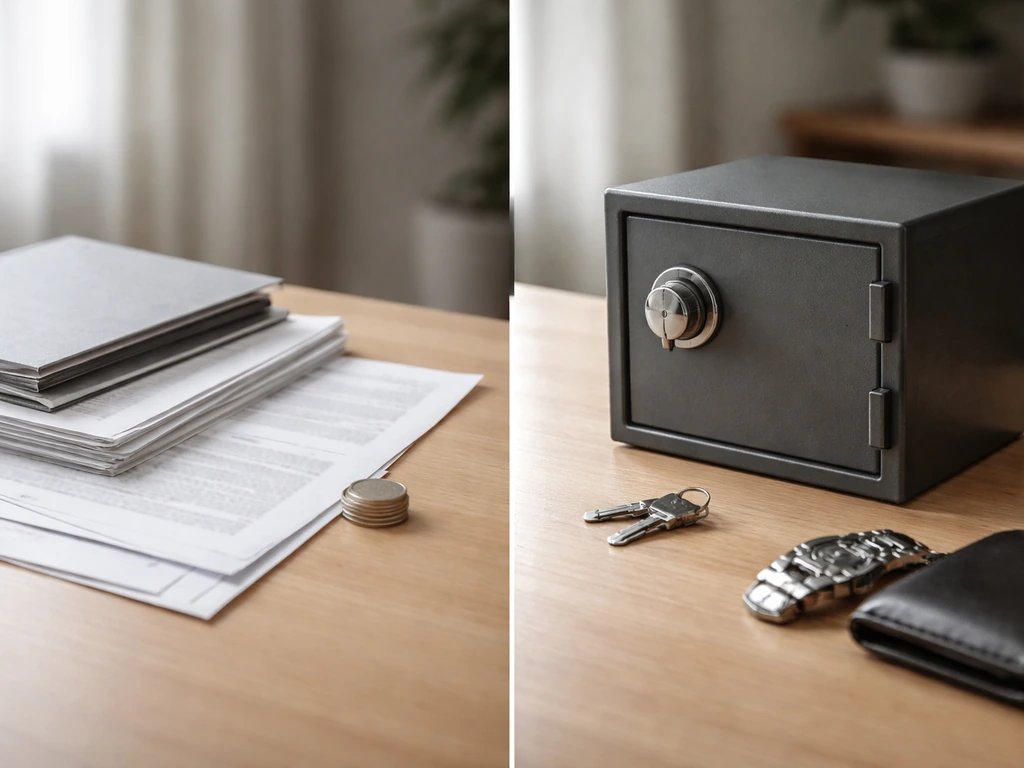 Simple split scene of a desk with legal documents and a closed safe, symbolizing assets vs. risk.