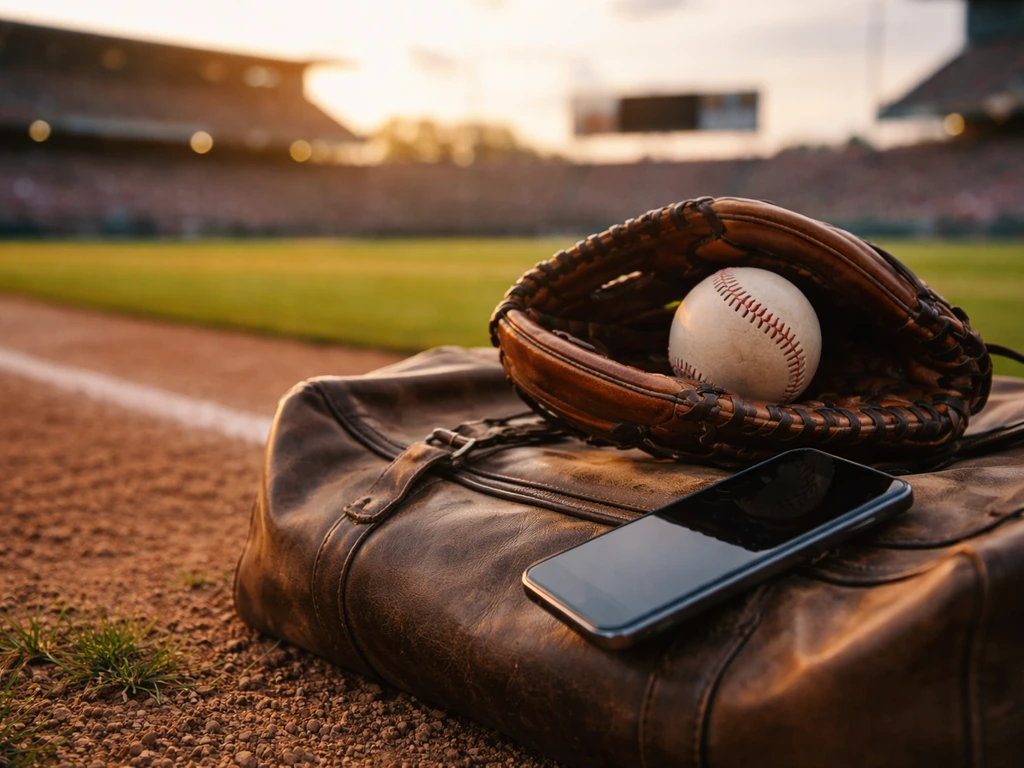 MLB-themed baseball and glove on a duffel bag with a blurred stadium background, no people visible.