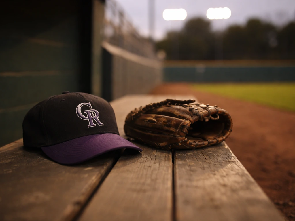 Colorado Rockies-themed cap and worn glove on a dugout bench at a softly lit baseball stadium.